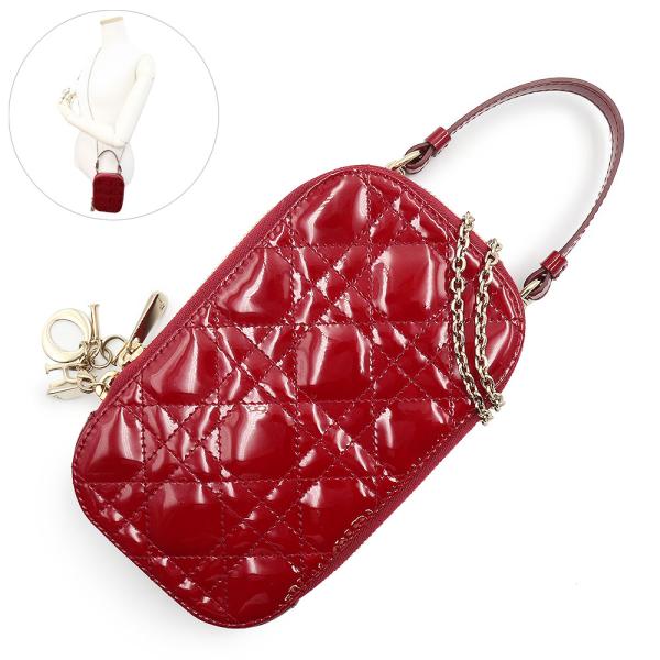 美品　クリスチャンディオール　スマホショルダー　カナージュ　フォンケース　レッド 美品 クリスチャンディオール スマホショルダー カナージュ フォン