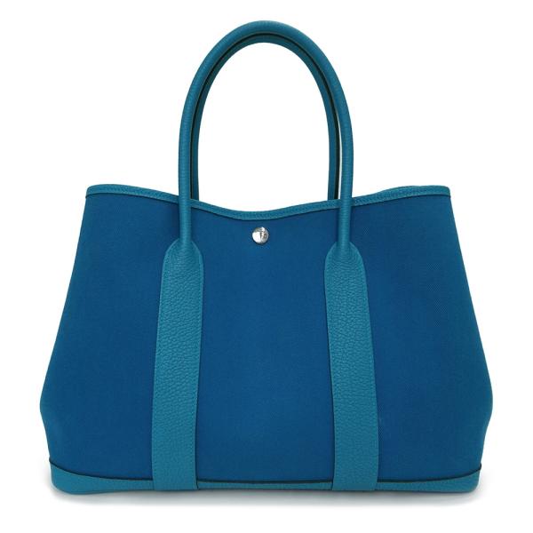 （中古）エルメス HERMES ガーデンパーティ 36 PM ハンドバッグ トワルシェブロン キャンバス ネゴンダ レザー ブルーイズミール ブルー シルバー金具 Y刻印 HERMES（エルメス） （中古）エルメス ガーデンパーティ 36 PM
