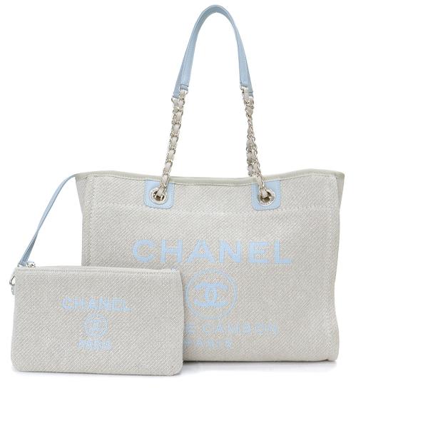 （未使用　展示品）シャネル CHANEL ココマーク チェーン ドーヴィル MM トートバッグ キャンバス レザー ベージュ ライトブルー ライトゴールド金具 A67001 箱付 CHANEL（シャネル） （未使用 展示品）シャネル ココマーク チェーン
