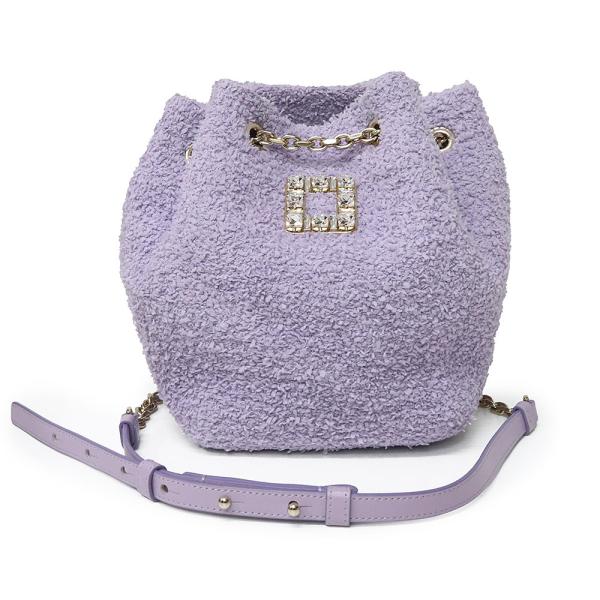 （美品）ロジェ ヴィヴィエ Roger Vivier トレ ヴィヴィエ キャンディ クラウド ファブリック バケット チェーン 巾着 2WAY ショルダーバッグ 斜め掛け コットン ナイロン カーフスキン レザー ラベンダー パープル パステルカラー ゴールド金具 RBWANME02L1TG4 美品）ロジェ ヴィヴィエ Roger Vivier トレ キャンディ クラウド