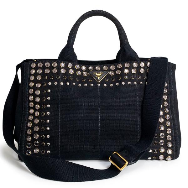 （美品）プラダ PRADA カナパ トート 2Way ショルダー ハンドバッグ 斜め掛け キャンバス ラインストーン ビジュー スタッズ ネロ ブラック ゴールド金具 B1872O PRADA（プラダ） （美品）プラダ カナパ トート 2Way ショルダー