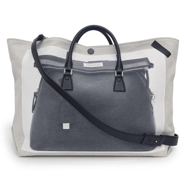 （未使用　展示品）メゾン マルジェラ Maison Margiela トロンプルイユ 5AC トート 2way ショルダー ハンドバッグ 斜め掛け リネン レザー ベージュ ホワイト ブラック シルバー金具 SB3WC0001 未使用 展示品）メゾン マルジェラ Maison Margiela トロンプルイユ