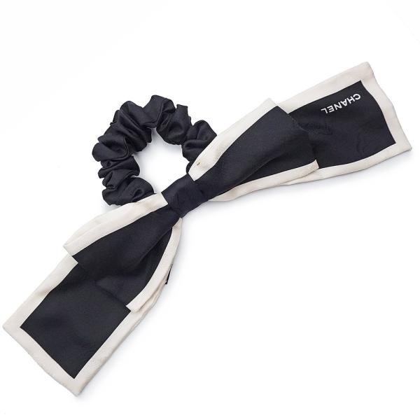 （美品）シャネル CHANEL カメリア リボン シュシュ ヘアゴム 髪飾り 髪留め ヘアアクセサリー シルク100％ ブラック アイボリー AA7530 CHANEL（シャネル） （美品）シャネル カメリア リボン シュシュ
