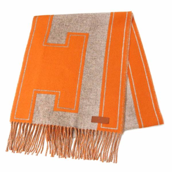 （新品・未使用品）HERMES エルメス クレ ドゥ Ｈ カシミヤ 100％ ベージュ シネ オレンジ フリンジ マフラー 箱付