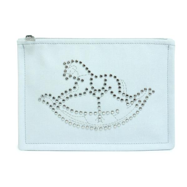 （美品）エルメス HERMES トゥルース フラット PM ベビー クリュート シュヴァル スタッズ 木馬 ポーチ トワル コットン 100％ ブルーグラシエ ライトブルー 青 HERMES（エルメス） （美品）エルメス トゥルース フラット PM ベビー