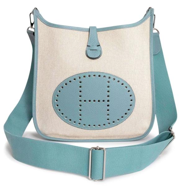 （未使用保管品）エルメス HERMES エブリン 3 トロワ PM 29 ショルダーバッグ 斜め掛け トワルアッシュ キャンバス トリヨンクレマンス レザー CIEL シエル ライトブルー アイボリー シルバー金具 □M刻印 HERMES（エルメス） （未使用保管品）エルメス エブリン 3 トロワ PM