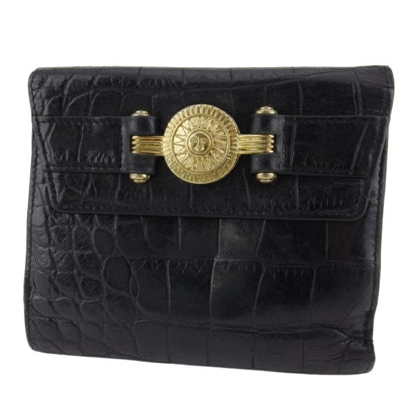 【X'masセール★30%OFF】ジャンニ・ヴェルサーチ Gianni Versace 二つ折り財布サンバースト ヴェルサーチ クロコ調 ブラック ゴールド レディース 中古 branddepot-tokyo_t20823