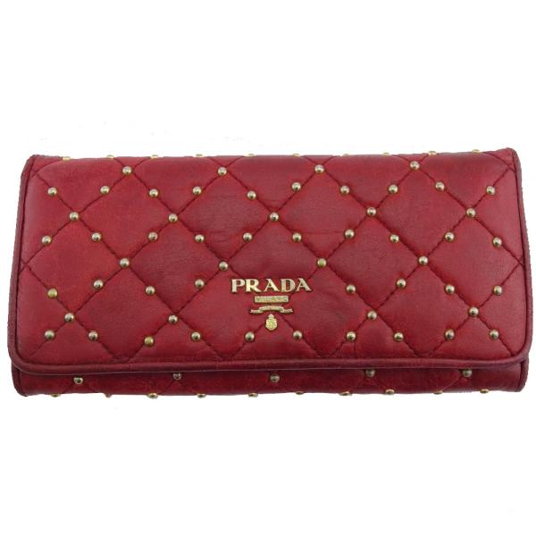 【BIGお買い物ラリー★30%OFFセール中】プラダ PRADA 長財布ロゴ キルティング スタッズ レッド ベージュ レディース 中古 branddepot_t24741