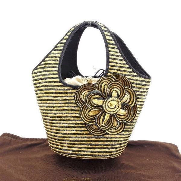 ケイト スペード Kate Spade バッグ ハンドバッグ ボーダー ブラック フラワーモチーフ付き ゴールド Bag ナチュラル 中古 レディース 全品最安値に挑戦