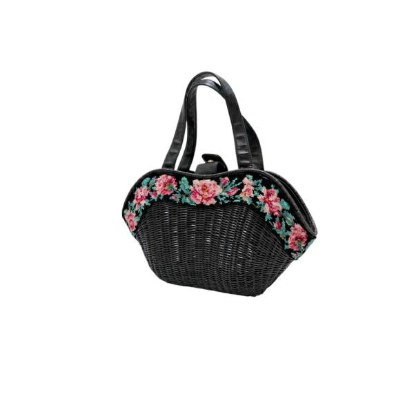 美品 フェイラー★総柄 薔薇 パラディス トローリーバッグ 鍵付き ブラック feiler（フェイラー） かごバッグ ストローバッグ ローズ 薔薇柄