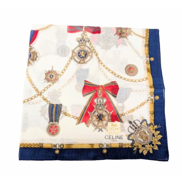 CELINE（セリーヌ） 未使用 ハンカチ 紋章クレスト ネイビー ホワイト