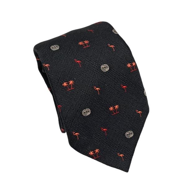 グッチ ネクタイ インターロッキング GG パームツリー フラミンゴ ヤシの木 ブラック 黒 シルク GUCCI 【中古】 GUCCI（グッチ） ネクタイ インターロッキング GG パームツリー