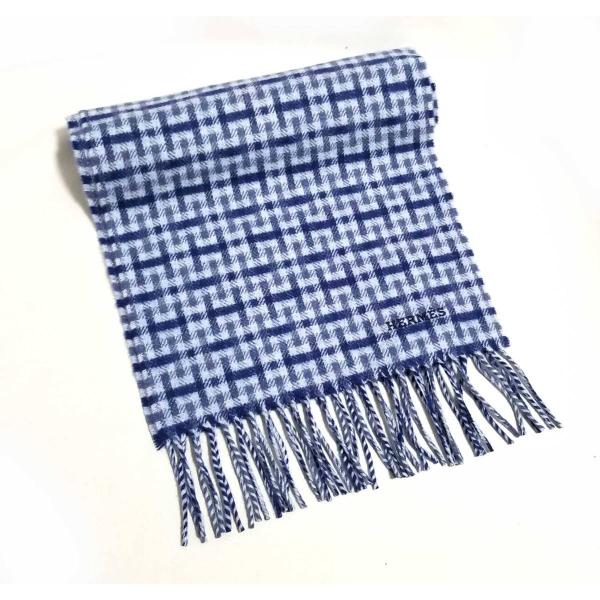 未使用 エルメス マフラー H柄 チェック カシミヤ 100% ブルー 未使用 エルメス マフラー H柄 チェック カシミヤ 100% ブルー