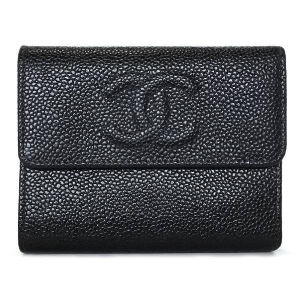 美品 シャネル 財布 キャビア ブラック 黒 レザー 二つ折り レディース 