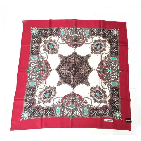 未使用 ランセル スカーフ 大判 シルクスカーフ レッド 赤 宝石柄 レディース LANCEL シルク 100％ 絹 【中古】 LANCEL（ランセル） 未使用 スカーフ 大判 シルクスカーフ レッド 赤