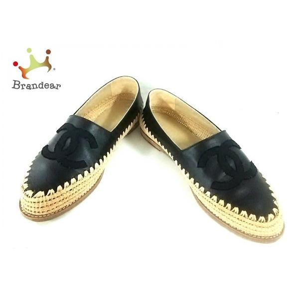 シャネル サンダル 37 レディース G 黒 ナチュラル 全店販売中 ラムスキン ストロー エスパドリーユ 新着