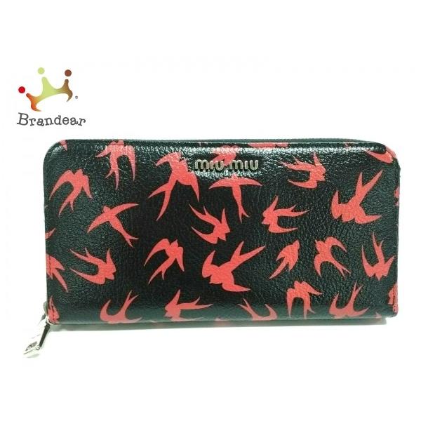当店一番人気大特価 ミュウミュウ Miumiu 長財布 新品同様 5ml506 黒 レッド ラウンドファスナー 鳥柄 レザー 新着 新作モデル