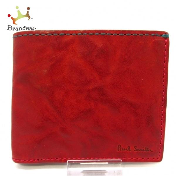 ポールスミス PaulSmith 2つ折り財布 美品 レッド シワ加工 クラッシュ