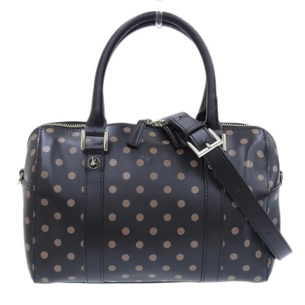 美品 agnes b 本革 2way ミニボストンバッグ エンボスロゴ ブラック 超美品 アニエスベー agnes b 現行ロゴ ドットカラー ミニボストン