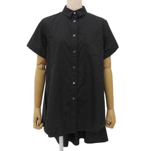 超美品 サカイ Sacai 2021年商品 SCW-066 アシンメトリー バックテール 半袖 フレア コットンシャツ レディース 2 黒 sacai - 超美品 サカイ Sacai 2021年商品 SCW-066 アシンメトリー