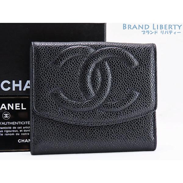 美品 CHANEL 二つ折り財布 ココマーク キャビアスキン レザー Wホック キャビアスキン ほぼ新品 シャネル ヴィンテージ ココマーク Wホック
