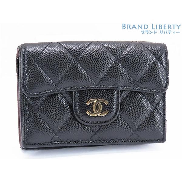 美品 シャネル CHANEL マトラッセ ココマーク キャビアスキン 三つ折り財布 コンパクト財布 ブラック ゴールド金具 グレインドカーフスキン AP0230 A84401
