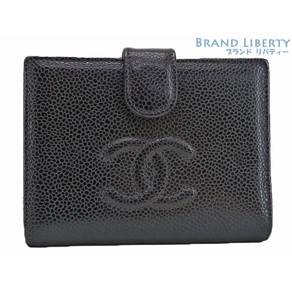 CHANEL A13497 二つ折り財布 ココマーク キャビアスキン がま口 黒 CHANEL 外美品 シャネル ヴィンテージ ココマーク キャビアスキン 二