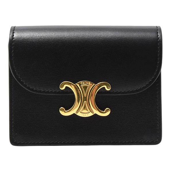 ★3日以内返品可★ 美品 CELINE セリーヌ トリオンフ フラップ付きカードホルダー 10I583DPV カードケース ブラック ゴールド カーフレザー レディース CELINE（セリーヌ） カードケース レディース メンズ トリオンフ