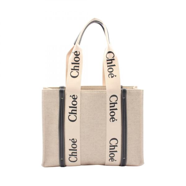 【美品】Chloe リネン製WOODYトートバッグ ミディアム Chloe（クロエ） WOODY ウッディ ミディアム トート ブランドオフ