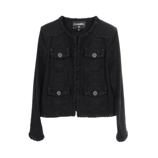 中古　美品　シャネル　CHANEL ブラック　ノーカラー　ジャケット　42 brandoff_2104102429771