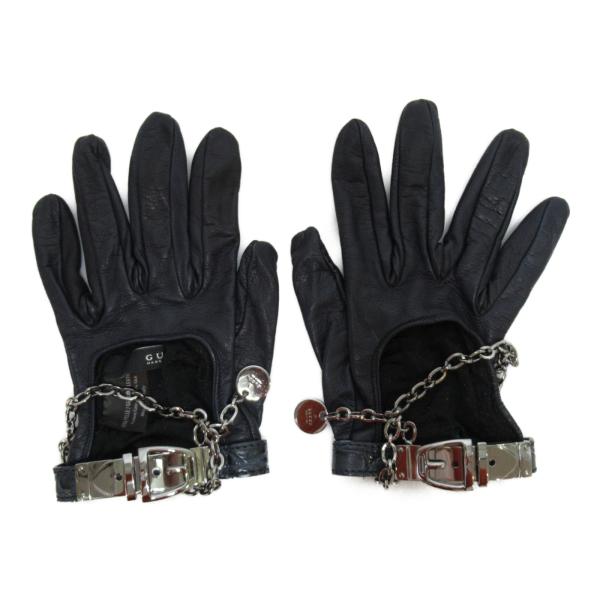 GUCCI グッチ 手袋 レディースグローブ ネイビー系 レザー 中古 GUCCI グッチ 手袋 レディースグローブ ネイビー系 レザー 中古