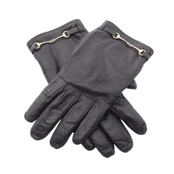 【未使用】GUCCIホースビット付き黒レザーグローブゴールド金具 GUCCI（グッチ） ホースビット ブランドオフ レザー 手袋 中古