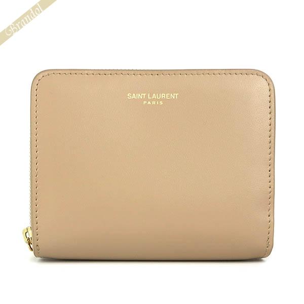 【美品】イブサンローラン 二つ折り財布 ベージュ SAINT LAURENT サンローラン 二つ折り財布 レディース ロゴ 無地