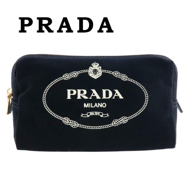 プラダ ポーチ PRADA コスメポーチ コットン カナパ デニム ブラック ホワイト 黒 白 ストライプ トラベル 小物入れ ロゴ プリント 携帯  1NA693