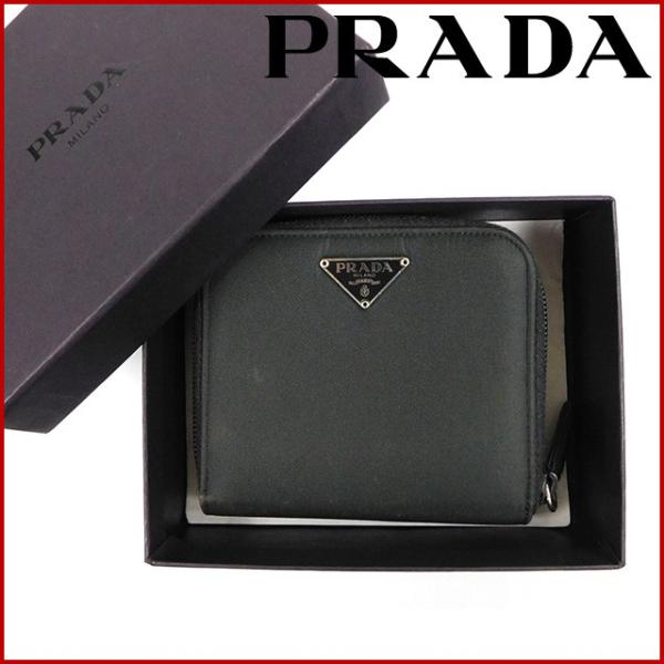 プラダ 財布 レディース メンズ可 Prada ロゴプレート 中古 ラウンドファスナー財布 X ご予約品 二つ折り財布