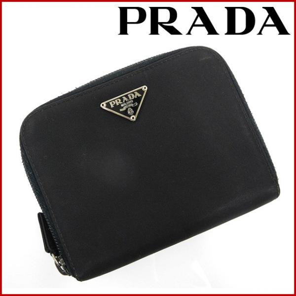 日本製 プラダ 財布 レディース メンズ可 Prada X 二つ折り財布 ロゴプレート ラウンドファスナー財布 中古
