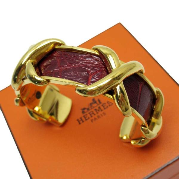 エルメス Hermes ブレスレット バングル 上質 ゴールドxダークレッド 金属素材xクロコ 定番人気
