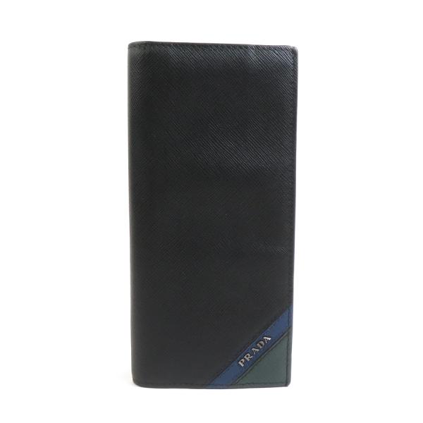 【美品】PRADA プラダ ブラック ネイビー 二つ折り長財布 PRADA（プラダ） 二つ折り長財布 レザー ブラック×グリーン×ブルー
