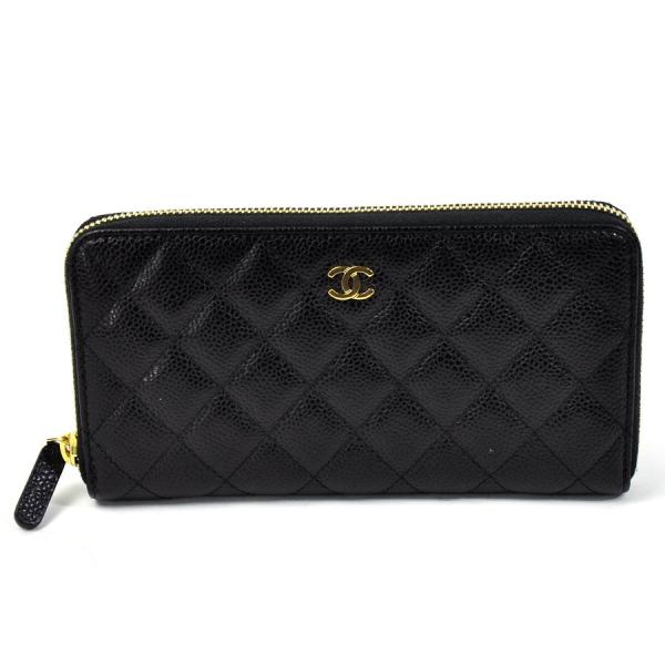 シャネル Chanel ラウンドファスナー長財布 ココマーク マトラッセ キャビアスキンx金属素材 ブラックxゴールド A 国内即発送 おすすめ