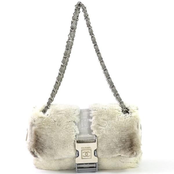 おしゃれ シャネル Chanel チェーンショルダーバッグ スポーツ アイボリーxグレー 定番人気 ラビットファーxナイロン