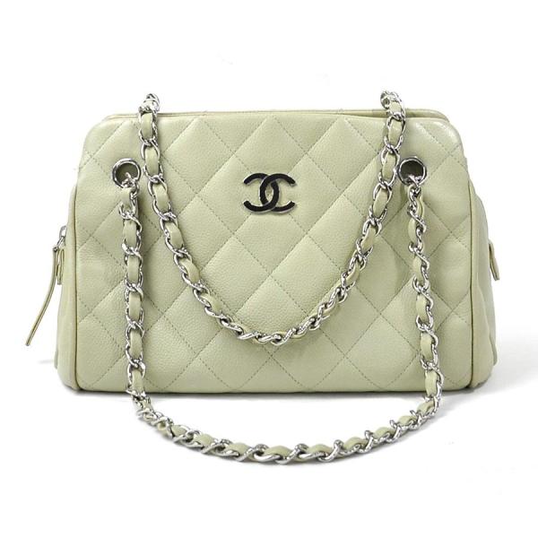 シャネル Chanel チェーンショルダーバッグ マトラッセ キャビアスキンxシルバー金具 定番人気 オフホワイト系 ココマーク 本物
