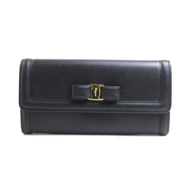 美品 サルヴァトーレ フェラガモ 長財布 ヴァラリボン カーフレザー　ブラック サルヴァトーレフェラガモ Salvatore Ferragamo 長財布 ヴァラ