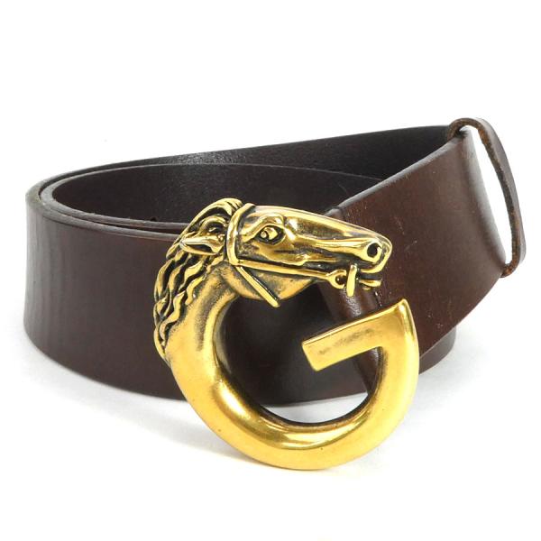 GUCCI グッチ ベルト ホースヘッド Gロゴ レザー/メタル ダーク