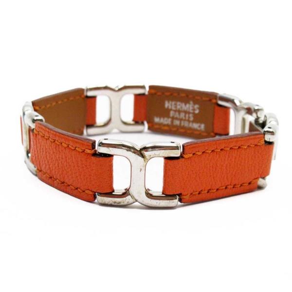 未使用 エルメス Hermes ブレスレット バングル 定番人気 レザーx金属素材 オレンジxシルバー