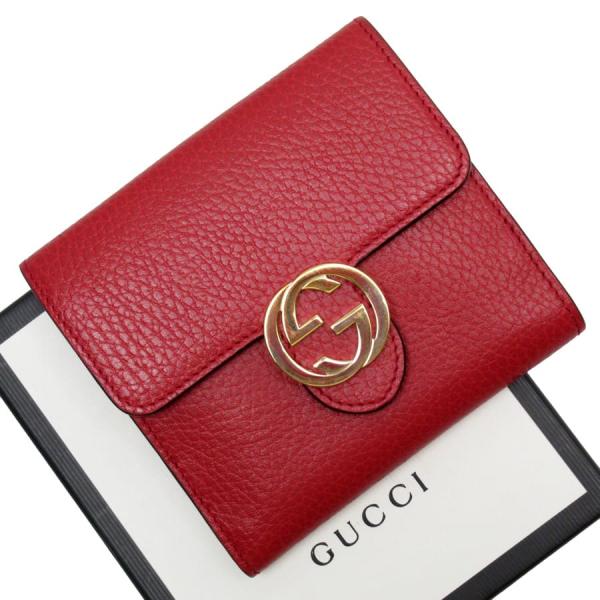 GUCCI グッチ 二つ折り財布 インターロッキングG レザー レッド