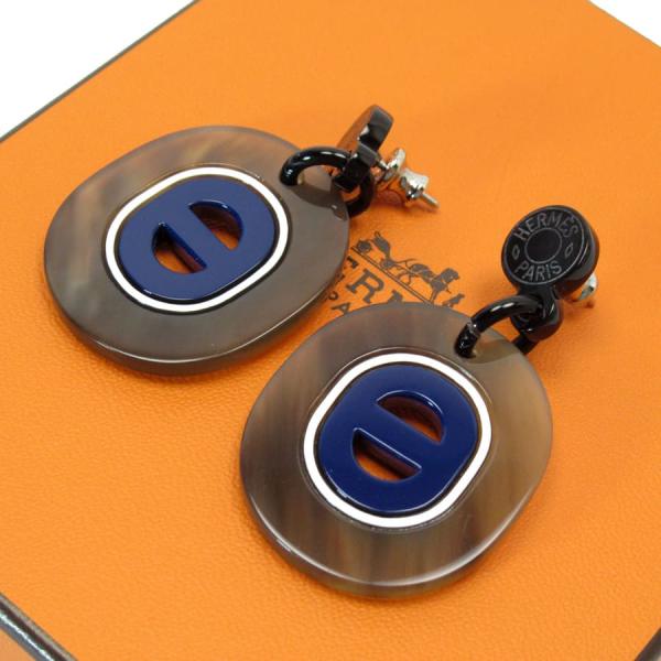 美品 エルメス バッファローホーンピアス ネイビー×白 名東】【HERMES】エルメス ピアス アヴァ バッファローホーン