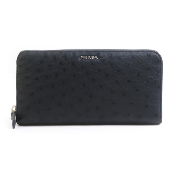 PRADA（プラダ） ラウンドファスナー長財布 オーストリッチ ネイビー