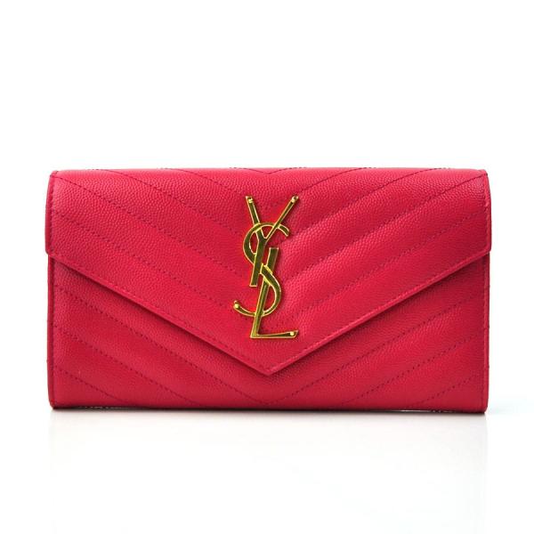 イヴサンローラン 正規店 Yves Saint Laurent ショッキングピンクxゴールドカラー レザーx金属素材 定番人気 二つ折り長財布