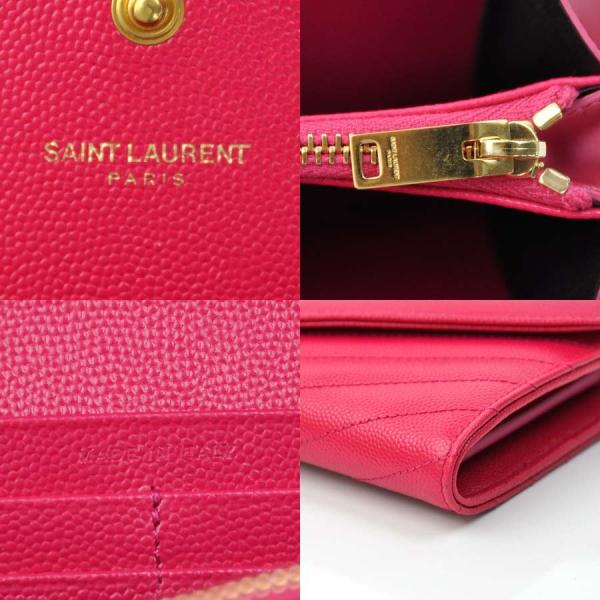 イヴサンローラン 正規店 Yves Saint Laurent ショッキングピンクxゴールドカラー レザーx金属素材 定番人気 二つ折り長財布