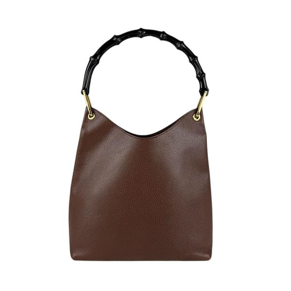 クラシックGUCCI ブラウンレザー ショルダーバッグ バンブー GUCCI バンブー ハンドバッグ ブラウン マットゴールド レザー